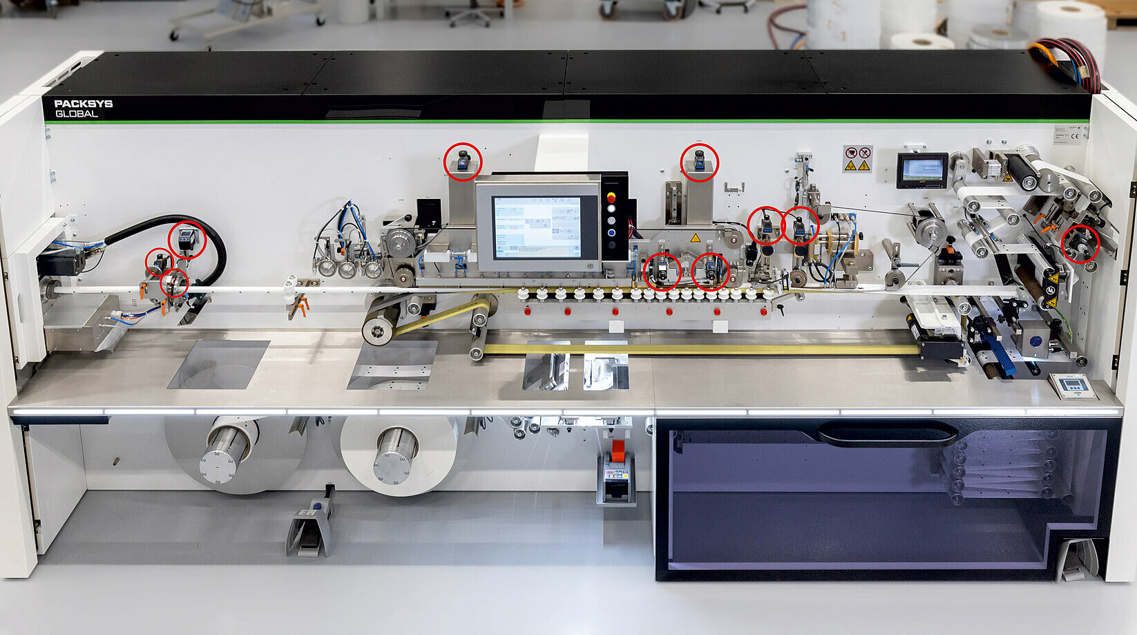 Indicatori di posizione SIKO per l'aggiustamento del formato su una macchina per la produzione e il riempimento di tubi