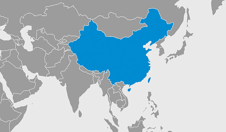 Global map marked with blue in China