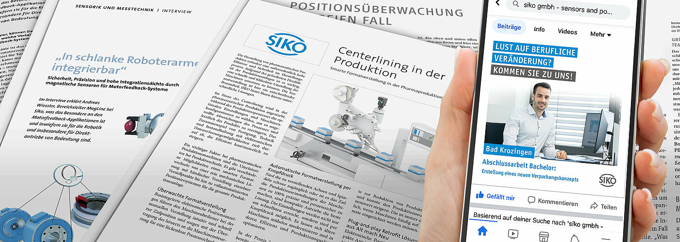 Neuigkeiten von SIKO werden auf eineEnglisch: News from SIKO are shown on a smartphone and in trade journals