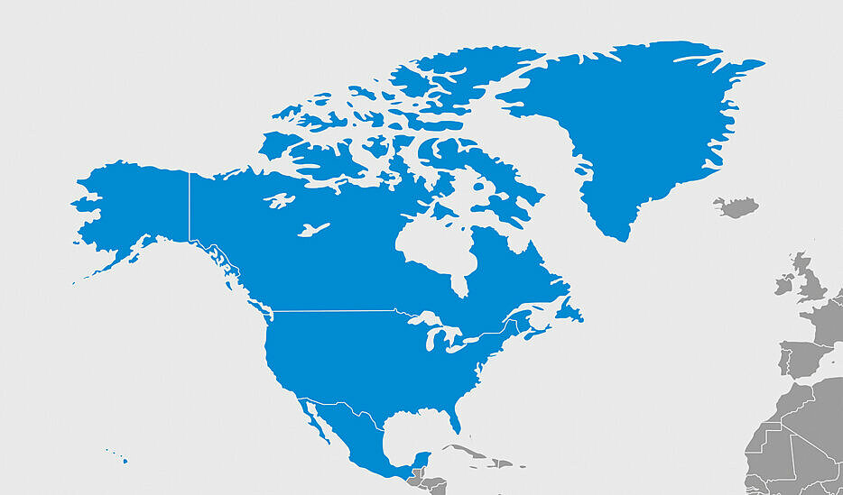 World map with North America marked in blue