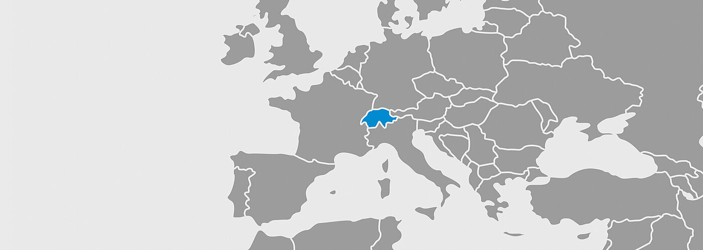 World map marked in blue with Switzerland