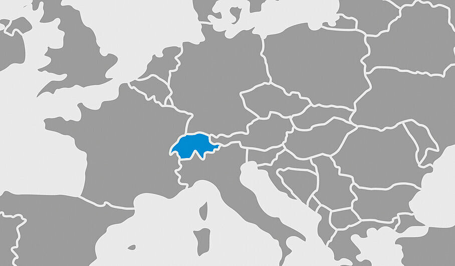 Mapa mundial marcado en azul con Suiza
