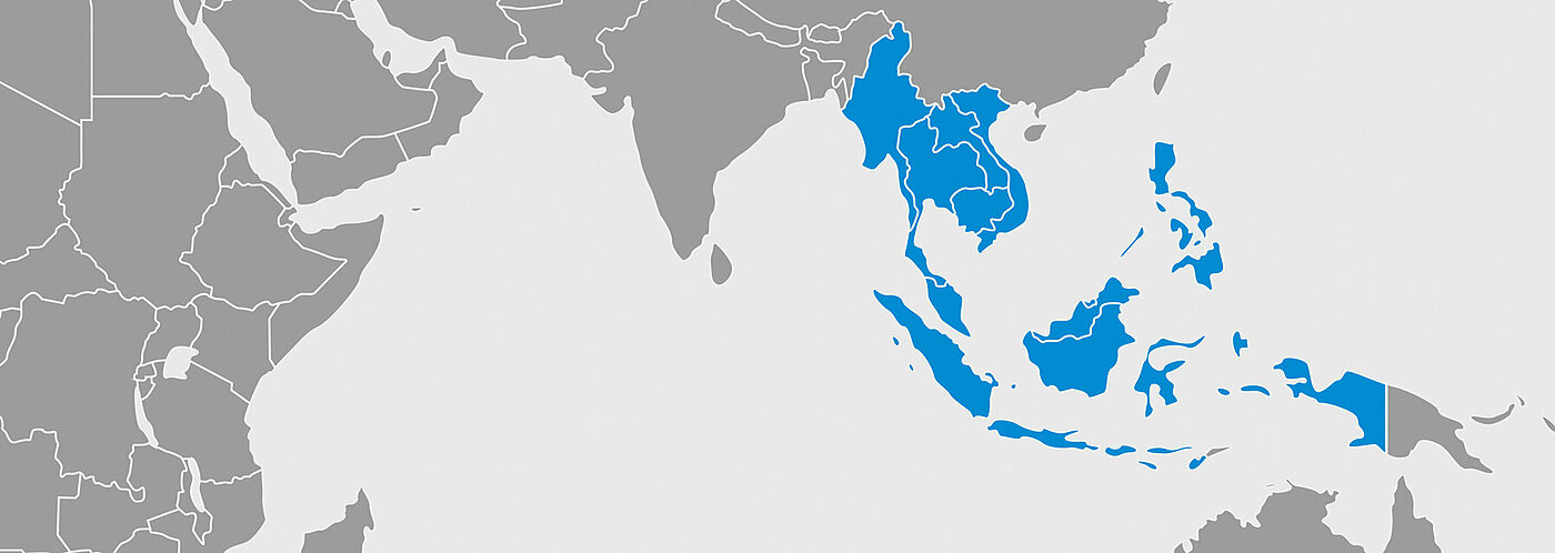 Mappa del mondo segnata in blu mostrando il Sud-Est asiatico