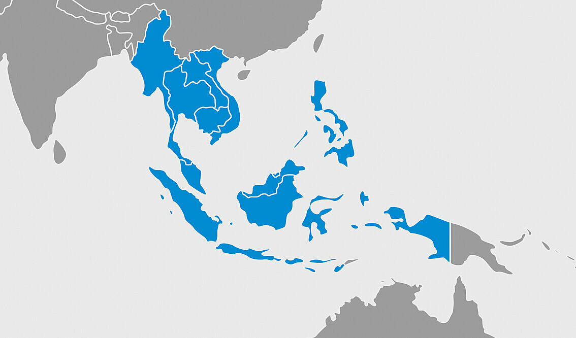 Mappa del mondo segnata in blu mostrando il Sud-Est asiatico